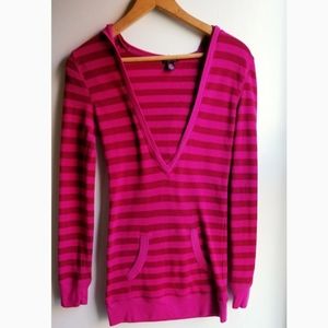 Pink Striped Vneck Hoodie Sweater